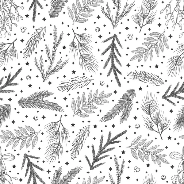 Patrón sin costuras de invierno con ramas de árbol de Navidad y bayas. Fondo de ilustración vectorial — Vector de stock