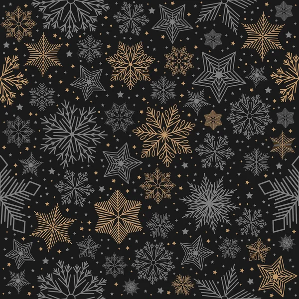 Semplice modello senza cuciture di Natale. Fiocchi di neve con ornamenti diversi. Su sfondo bianco — Vettoriale Stock