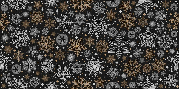 Boże Narodzenie płynny wzór z motywami geometrycznymi. Płatki śniegu o różnych ozdobach. — Wektor stockowy