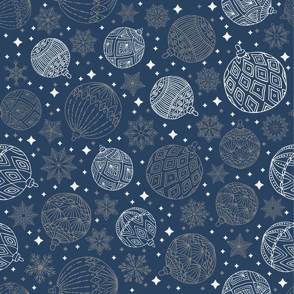 Patrón sin costuras de invierno floral dibujado a mano con juguetes de árbol de Navidad y copos de nieve. Fondo de ilustración vectorial — Archivo Imágenes Vectoriales