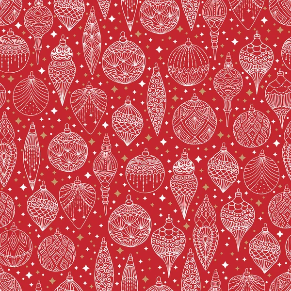 Patrón sin costuras de invierno floral dibujado a mano con juguetes de árbol de Navidad y copos de nieve. Fondo de ilustración vectorial — Vector de stock