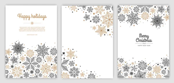 メリークリスマスとハッピーニューイヤーグリーティングカード、ポスター、ホリデーカバーのセット。現代アートスタイルの美しい雪の結晶とクリスマスデザイン. ロイヤリティフリーストックベクター