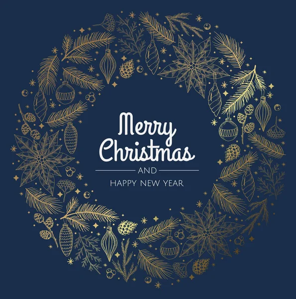 モミの木、雪の結晶、ボールや星とお祭りの花輪。クリスマスのデザインに使用できます。. — ストックベクタ