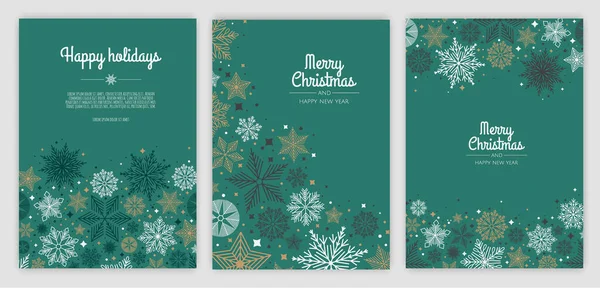 Merry Christmas and Happy New Year Set of greeting cards, posters, holiday covers. Xmas Design with beautiful snowflakes in modern line art style. — Stock Vector