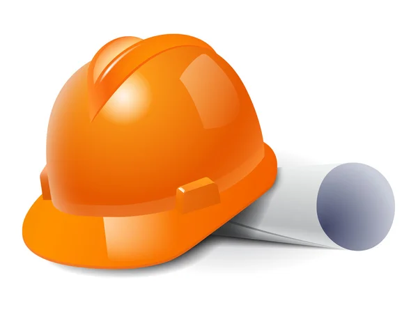 Orange safety hard hat and drawings. Vector illustration — Stock Vector