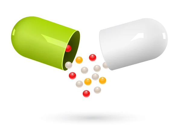 Pillole capsule bianche e verdi su bianco. Illustrazione vettoriale — Vettoriale Stock