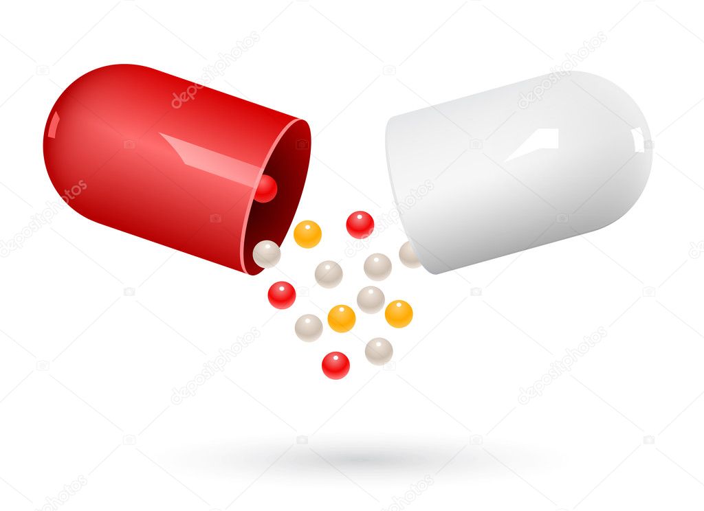 Red and white capsule pills on white. Vector Illustration