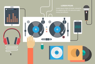 vektör pikap ve dj el - düz tarzı müzik konsepti