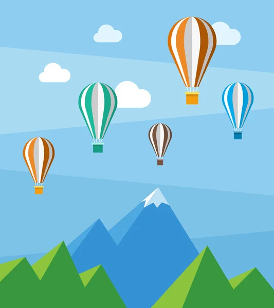 Vetor plano cena natureza com montanhas e balões de ar —  Vetores de Stock
