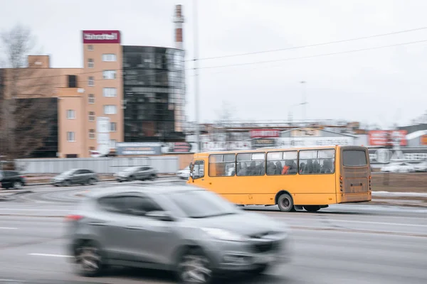 Ukraine Kyiv January 2022 Yellow Public Transport Bus Car Moving — Stock Photo, Image