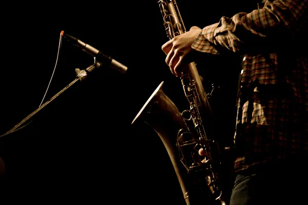 Teplé fotografie mužského saxophonis hraje v sax — Stock fotografie