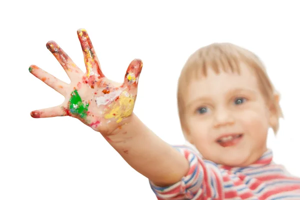 Smilling little girl shows her drawing hand — Stock Photo, Image