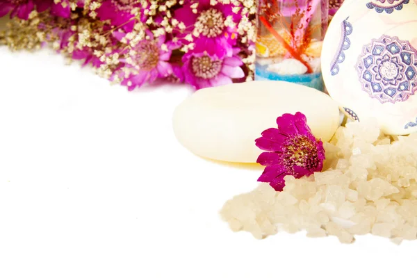 Jar of bath sea salt, soap and violet flowers — Stock Photo, Image