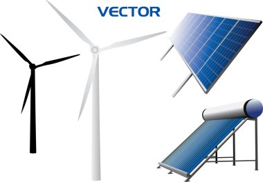 Vectorial icons of solar water heating system, solar panels, wind turbines clipart