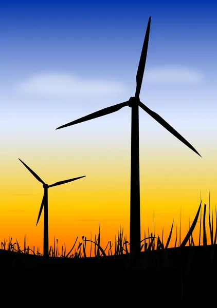 Turbinas eólicas ao pôr-do-sol —  Vetores de Stock