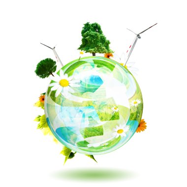 Yeşil dünya görüşü. aerogenerator, ağaç ve çiçek, bu görüntünün konularıdır