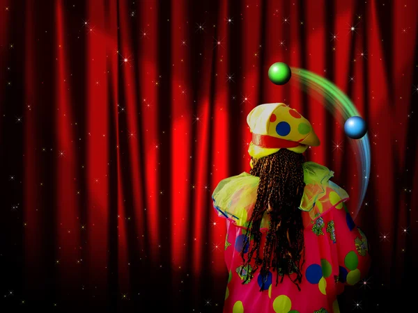 Red curtain of stage with stars and juggler clown — Stock Photo, Image