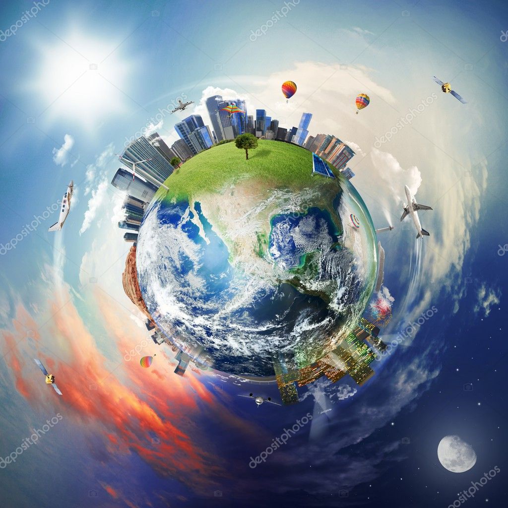 Concept of modern world with skyscraper, airplane and elements of the contemporary world