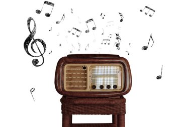 Vintage music notes with old radio