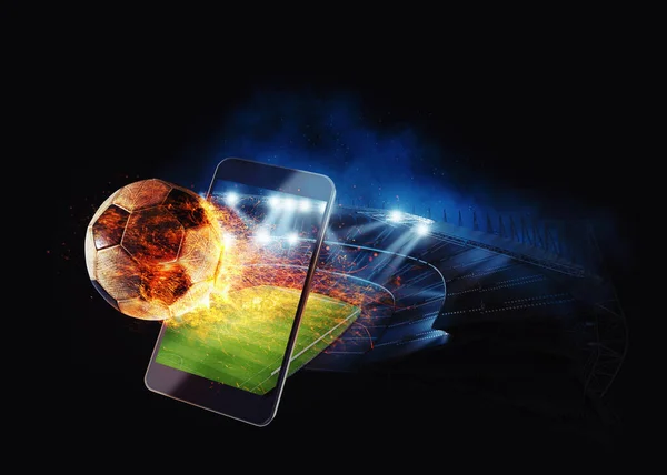 Titta på ett live sportevenemang på din mobila enhet. Spel på fotbollsmatcher — Stockfoto
