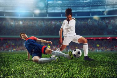 Stadyumda rakip futbolcularla futbol sahnesi