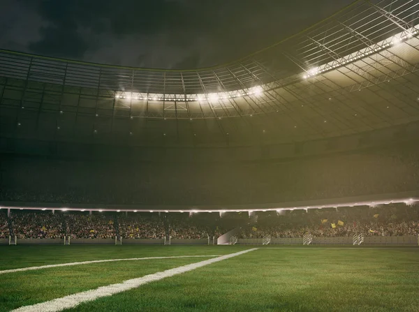 Футбольний стадіон з трибунами, повними фанатів, які чекають на гру. 3D рендерингу — стокове фото