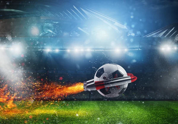 Soccerball i en stadion går snabbt fäst vid en raket — Stockfoto
