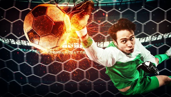 Close up of a soccer scene at night match with a goalkeeper trying to catch a fiery ball — Stock Photo, Image