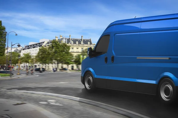 Közlekedési szolgáltatás egy kék furgon gyorsan halad az úton — Stock Fotó