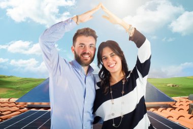 Family uses renewable energy system with solar panel clipart