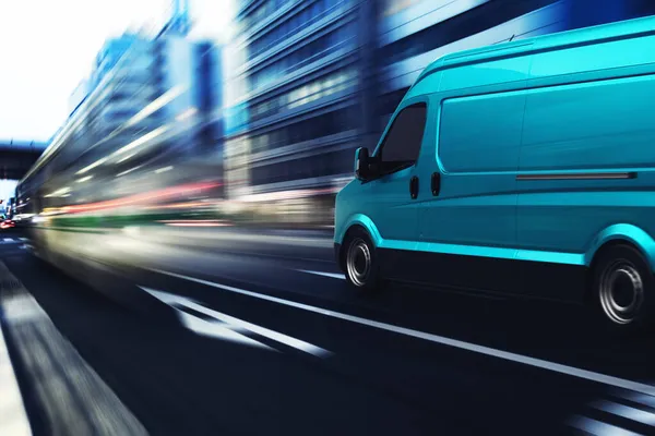 Serviço de transporte com uma van ciano movendo-se rapidamente na estrada — Fotografia de Stock