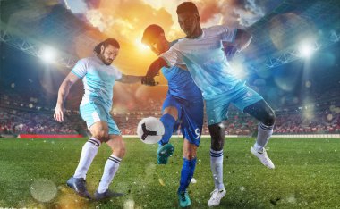 Stadyumda rakip futbolcularla futbol sahnesi