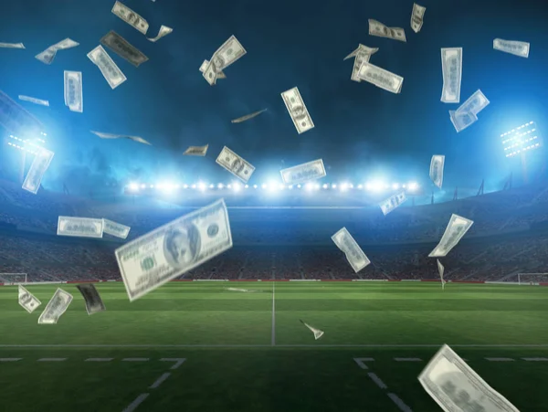 Aydınlatılmış futbol stadyumu ve düşen bahisçi banknotları — Stok fotoğraf