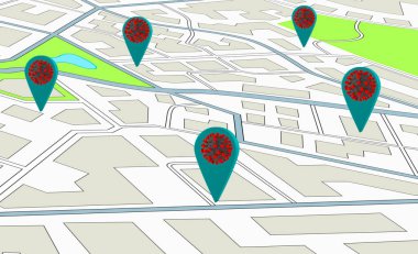 GPS navigatörünün 3d görüntülemesi yüksek miktarda covid-19 salgını gösteriyor