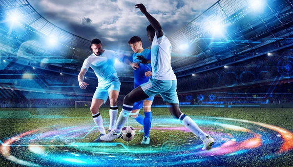 Voetbal scene met voetballers in het stadion met technologie-analyse — Stockfoto