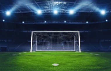 Stadyumdaki spot ışıkları altında futbol kale direği. 3B Hazırlama