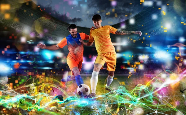 Escena futbolística con futbolistas y fondo digital futurista — Foto de Stock