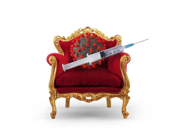 Poltrona de luxo com uma seringa com a vacina de covid-19 — Fotografia de Stock