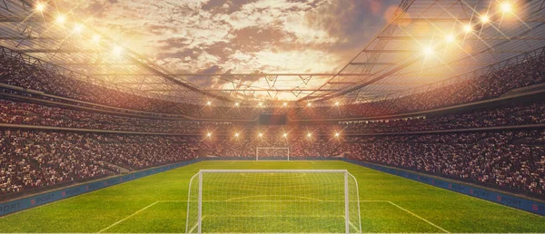 Ποδόσφαιρο στάδιο με το κοινό στο ηλιοβασίλεμα γεμάτο για έναν αγώνα. 3D απόδοση — Φωτογραφία Αρχείου