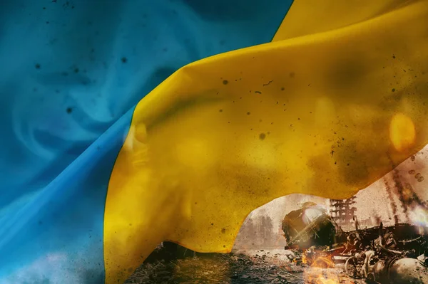 Ukraine country flag with fire and destroyed city — Stock Photo, Image