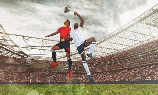 Football action with competing soccer players jumping to hit the ball with head — Stock Photo, Image