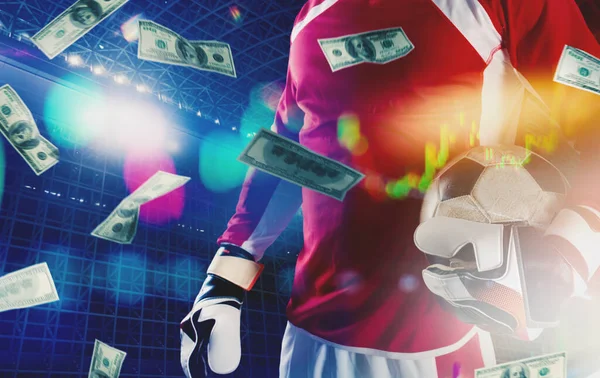 Soccer player with a falling banknotes and stats — Stock Photo, Image