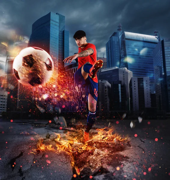 Powerful kick of a soccer player with fiery ball — Stock Photo, Image