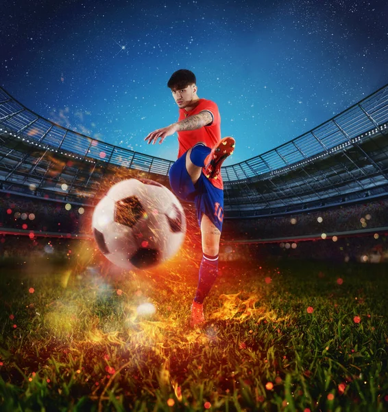 Powerful kick of a soccer player with fiery ball — Stock Photo, Image