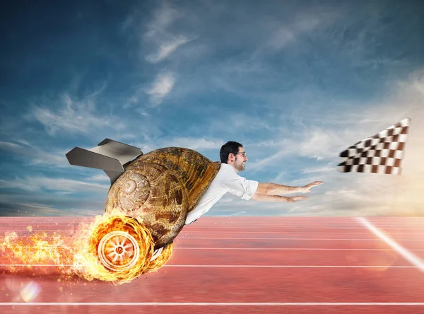 Businessman Slow Snail Runs Fast Race Car — Stock Photo, Image