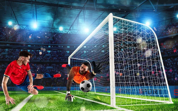 Futbol, topu yakalayan bir kalecinin stadyumunda yakın çekim sahnesi.