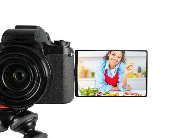 Vlogger Chef Nahrává Video Receptem Vaření — Stock fotografie