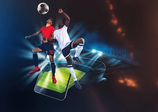 Soccer Players Cellphone Ball Stadium — Stockfoto