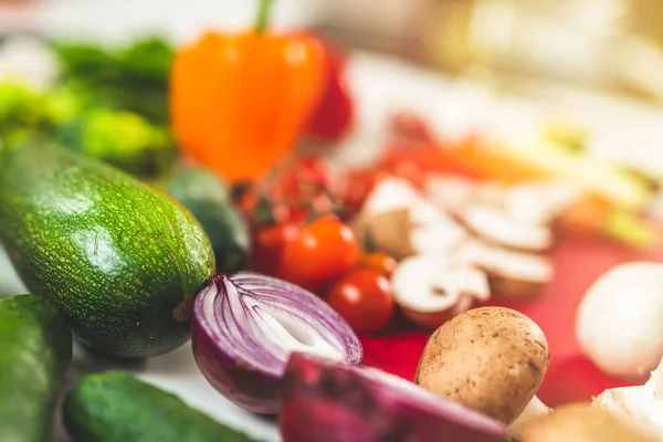 Colorful Fresh Seasonal Vegetables White Table — Stock Photo, Image