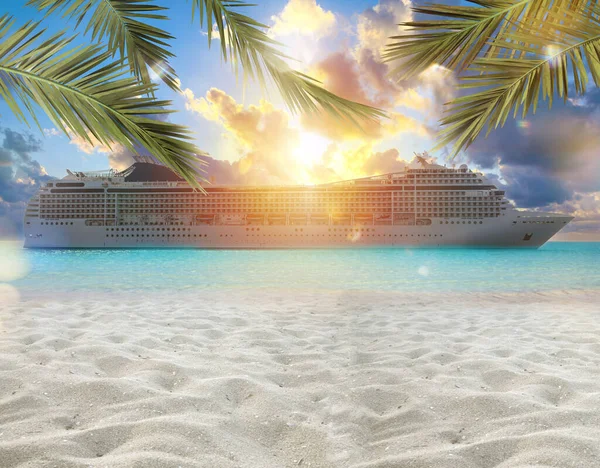 Cruiseship View Beach Palm Trees — Zdjęcie stockowe